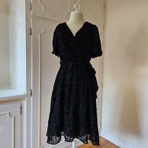 DKNY Velvet Polka-Dot V-Neck Belted Faux Wrap Evening Black Dress Size 12 NWT